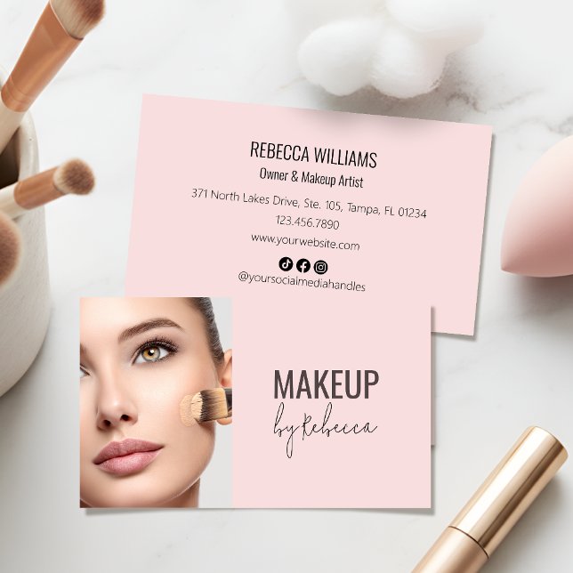 Simple Modern Blush Pink Black Script Photo Makeup Business Card (Modern blush pink calligraphy script business card - perfect for making a great first impression!)
