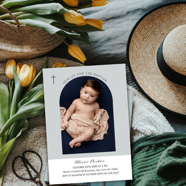 Simple Modern Boho Arch Cross Baby Photo Baptism Invitation (Simple Modern Boho Arch Cross Baby Photo Baptism Invitation)