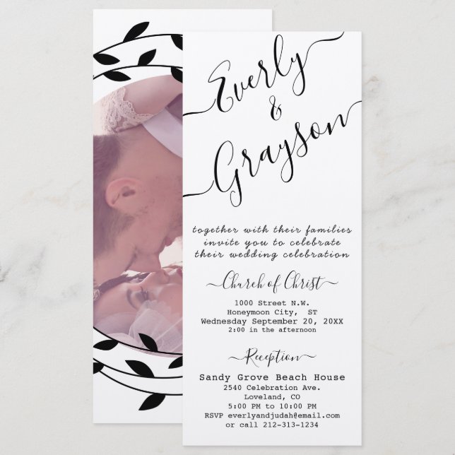 Simple Modern Boho Black Leaf Wreath Wedding (Front/Back)