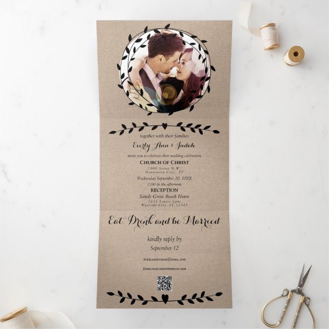 Simple Modern Boho Black Leaf Wreath Wedding Tri-Fold Invitation (Inside)