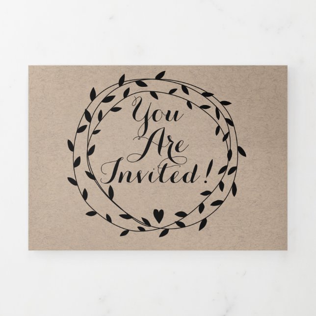 Simple Modern Boho Black Leaf Wreath Wedding Tri-Fold Invitation (Cover)