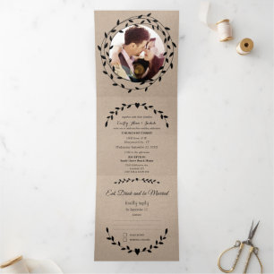 Simple Modern Boho Black Leaf Wreath Wedding Tri-Fold Invitation
