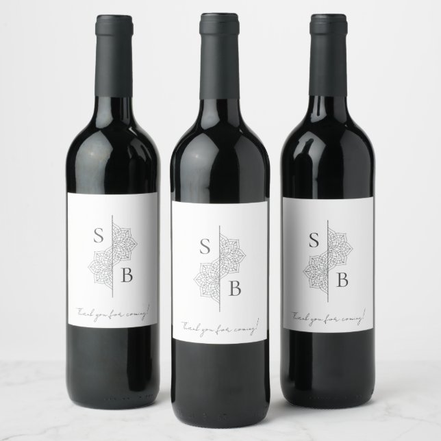 Simple Modern Boho Monogram Mandala Wedding  Wine Label (Bottles)