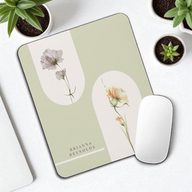 Simple Modern Boho Wildflowers on Sage Green Mouse Mat (Creator Uploaded)