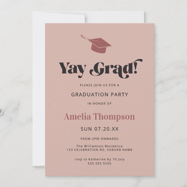 Simple Modern Bold Pink Grad Cap Party Graduation Invitation (Front)