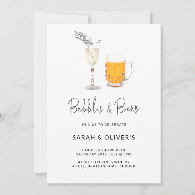 Simple Modern Bubbles & Brews Couples Shower Photo Invitation (Front)