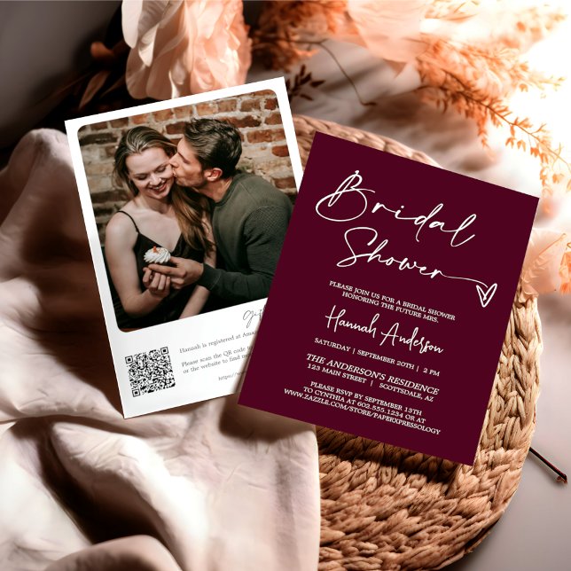 Simple Modern Burgundy Bridal Shower QR Code Photo Invitation (Creator Uploaded)