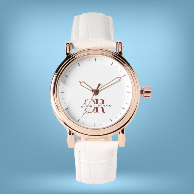 Simple Modern Burgundy Gold Monogram Watch (Creator Uploaded)