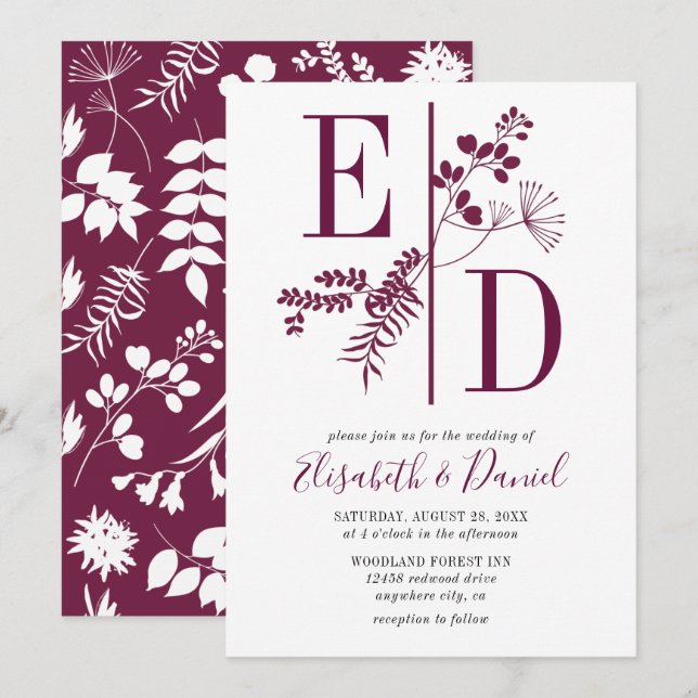 Simple Modern Burgundy Initials Wedding Invitation (Front/Back)