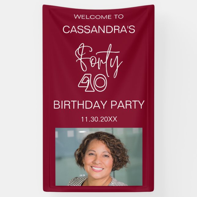Simple Modern Burgundy Photo 40th Birthday Welcome Banner (Vertical)