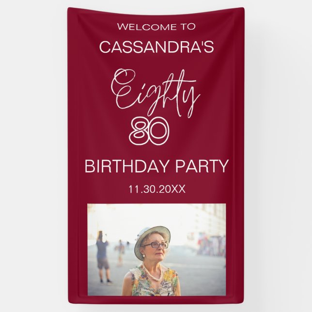 Simple Modern Burgundy Photo 80th Birthday Welcome Banner (Vertical)