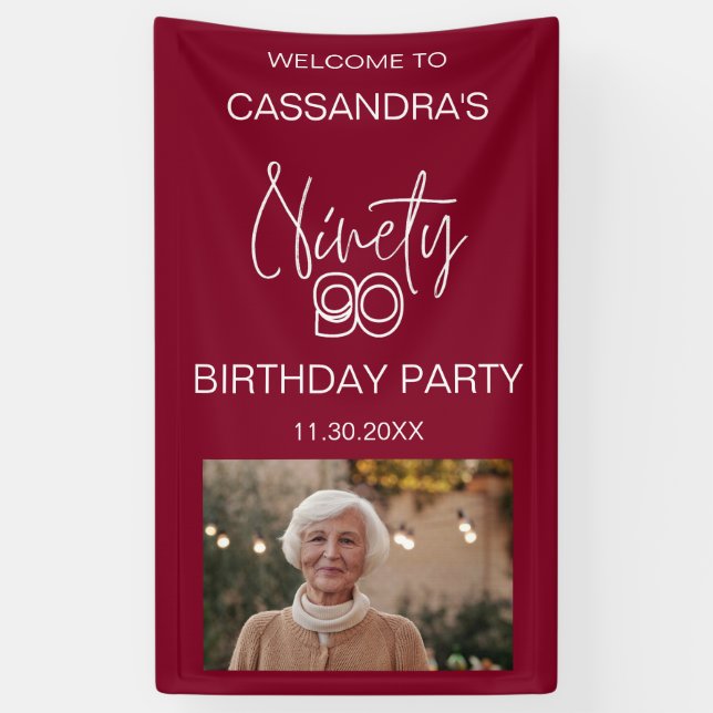 Simple Modern Burgundy Photo 90th Birthday Welcome Banner (Vertical)