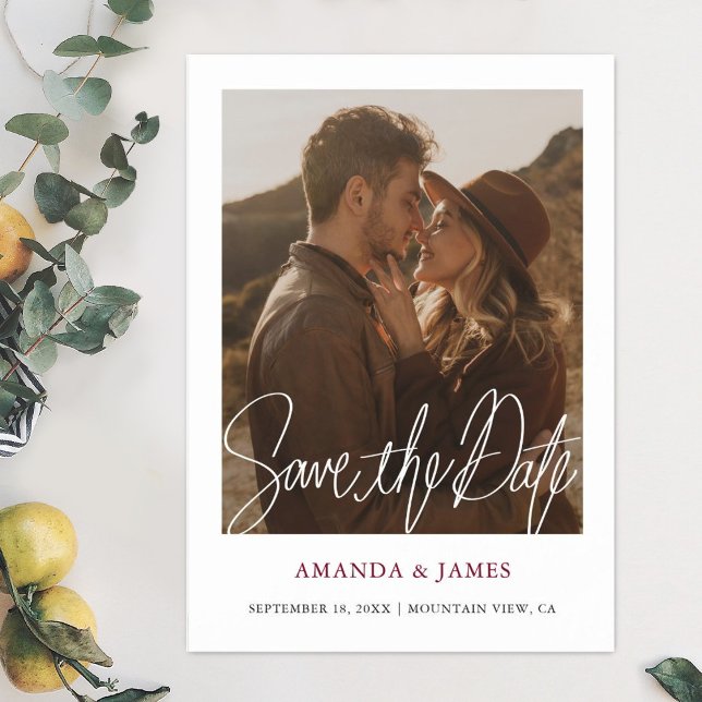 Simple Modern Burgundy Photo Save the Date   Magnetic Invitation (Creator Uploaded)
