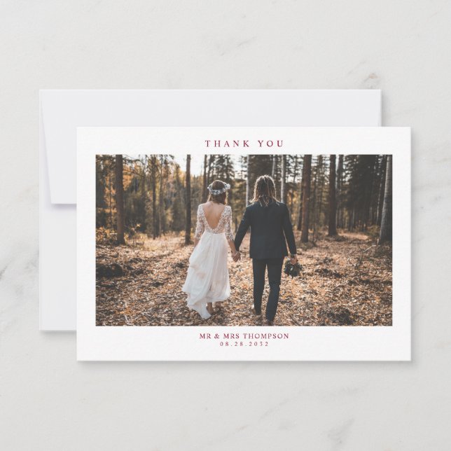 Simple Modern Burgundy Red Wedding Photo Thank You Card (Front)