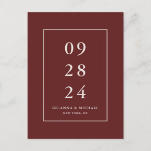 Simple Modern Burgundy Red Wedding Save the Date Postcard