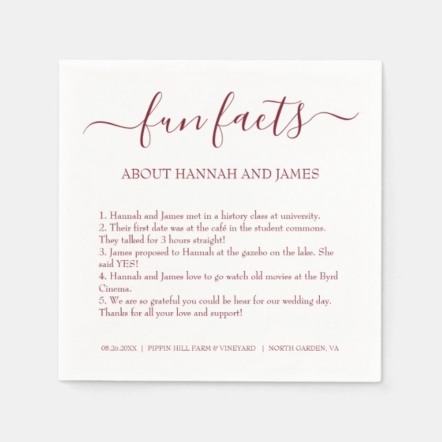 Simple Modern Burgundy Script Fun Facts Wedding Na Napkin (Front)