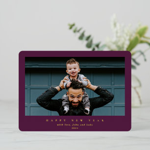 Simple Modern Burgundy Single Photo Happy New Year Foil Holiday Card