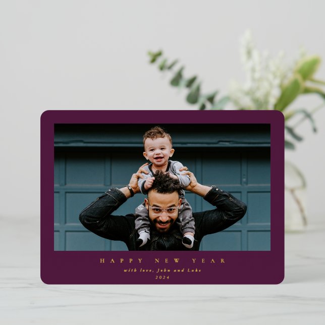 Simple Modern Burgundy Single Photo Happy New Year Foil Holiday Card (Standing Front)