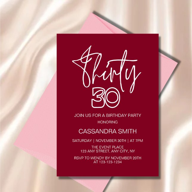 Simple Modern Burgundy Typography 30th Birthday Invitation (Creator Uploaded)