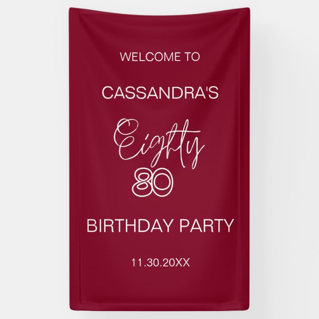 Simple Modern Burgundy Typography 80th Birthday Banner (Vertical)