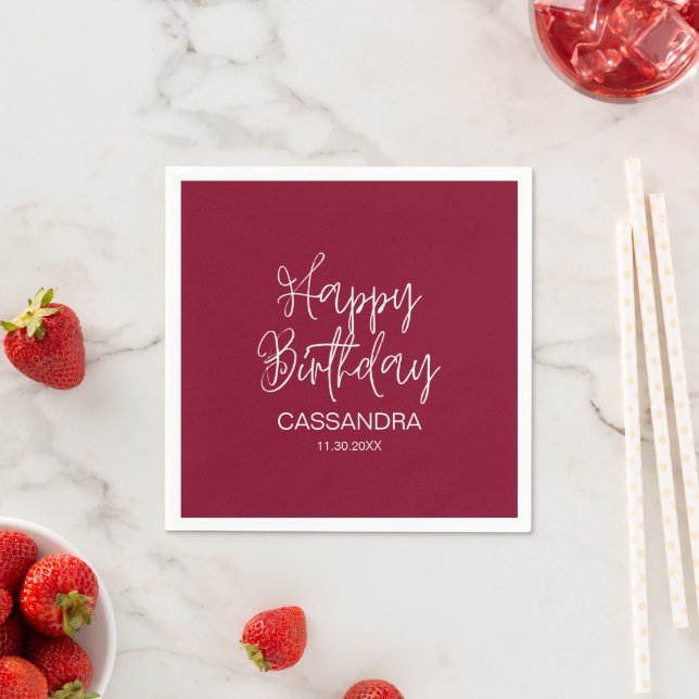 Simple Modern Burgundy Typography Birthday Napkin (Insitu)