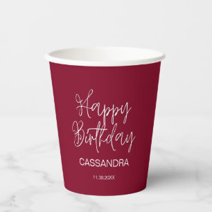 Simple Modern Burgundy Typography Birthday Paper Cups