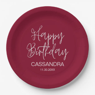 Simple Modern Burgundy Typography Birthday Paper Plate