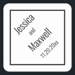 Simple Modern BW Diamond Wedding Geometric Square Sticker<br><div class="desc">Simple,  elegant and modern diamond-shaped,  geometric design with names and wedding date on a 45 degree angle.  All colours can be modified as desired.  Design by Holiday Hearts Designs (rights reserved).</div>