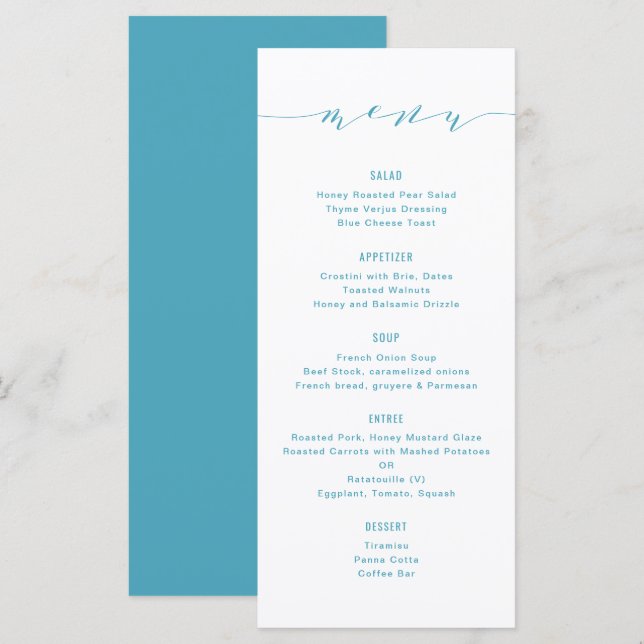 Simple Modern Calligraphy Blue Green Menu (Front/Back)