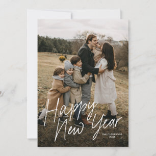 Simple Modern Calligraphy Happy New Year 2 Photo Holiday Card