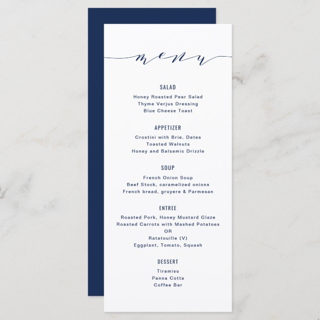 Simple Modern Calligraphy Navy Blue Menu (Front/Back)