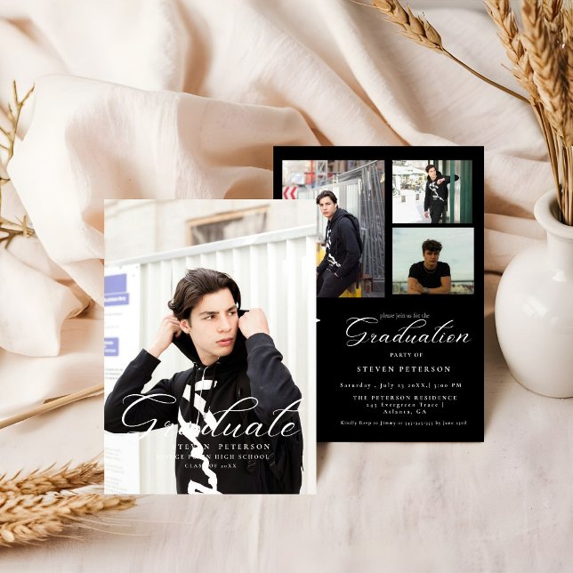 Simple Modern Calligraphy Photo Black Graduation  Invitation (Creator Uploaded)