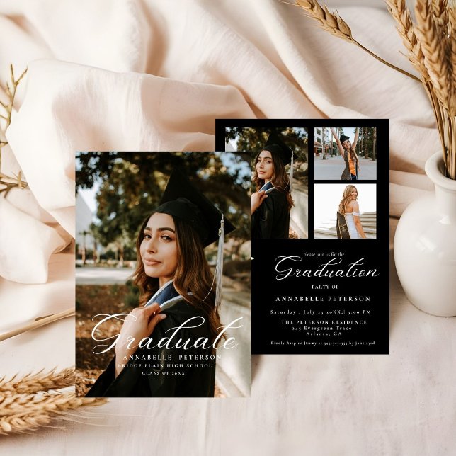 Simple Modern Calligraphy Photo Black Graduation  Invitation (Creator Uploaded)