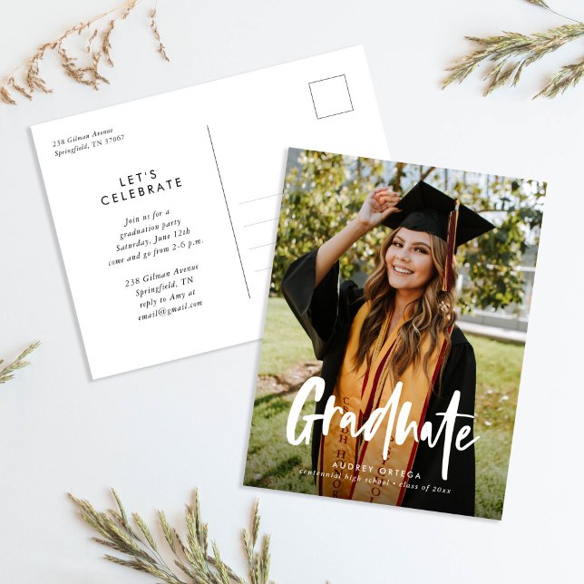 Simple Modern Calligraphy Photo Graduation Invitation Postcard (Creator Uploaded)