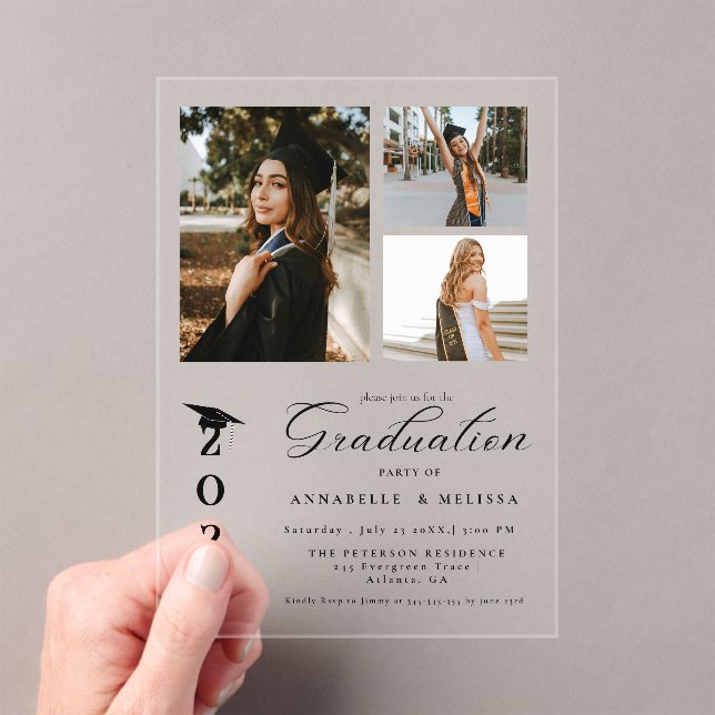 Simple Modern Calligraphy Photo Twin Graduation Acrylic Invitations (Insitu (Handheld))