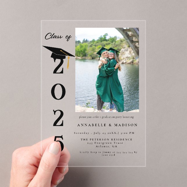 Simple Modern Calligraphy Photo Twin Graduation Acrylic Invitations (Insitu (Handheld))