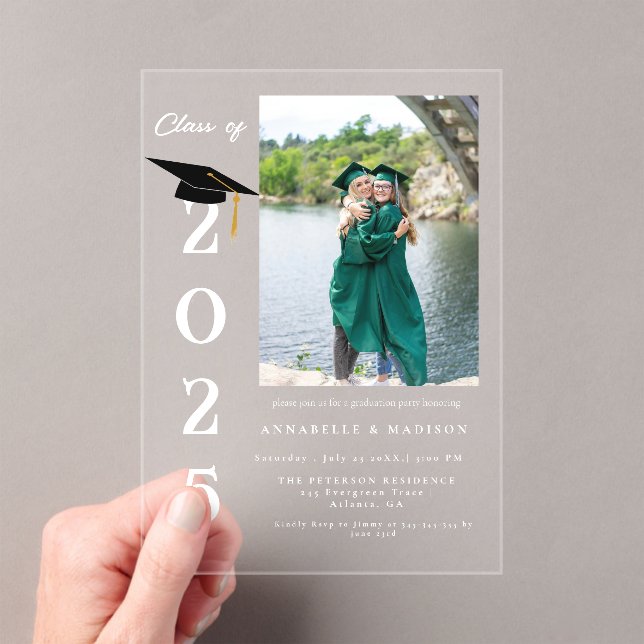 Simple Modern Calligraphy Photo Twin Graduation Acrylic Invitations (Insitu (Handheld))