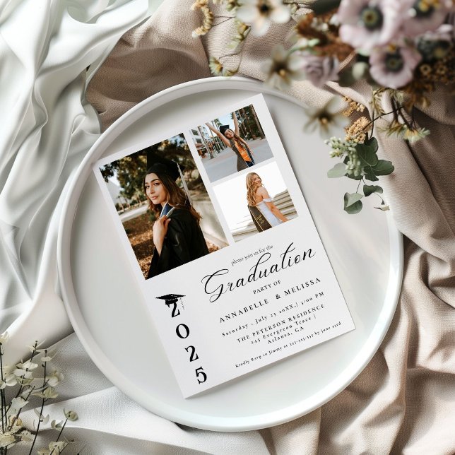 Simple Modern Calligraphy Photo Twin Graduation Invitation (Creator Uploaded)