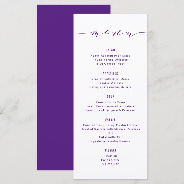 Simple Modern Calligraphy Purple Menu (Front/Back)