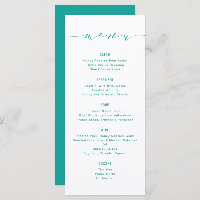 Simple Modern Calligraphy Turquoise Menu (Front/Back)