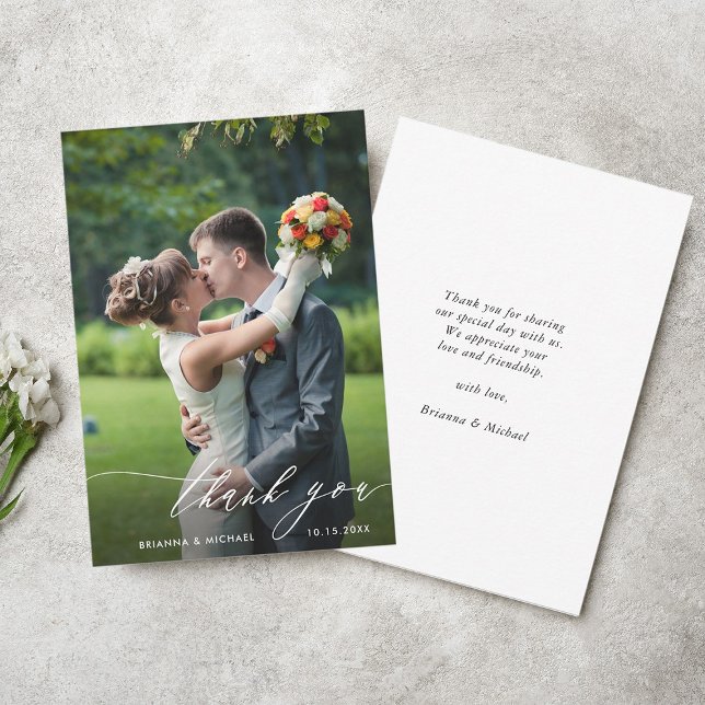 Simple Modern Calligraphy Wedding Photo Thank You Card (Front & Back)