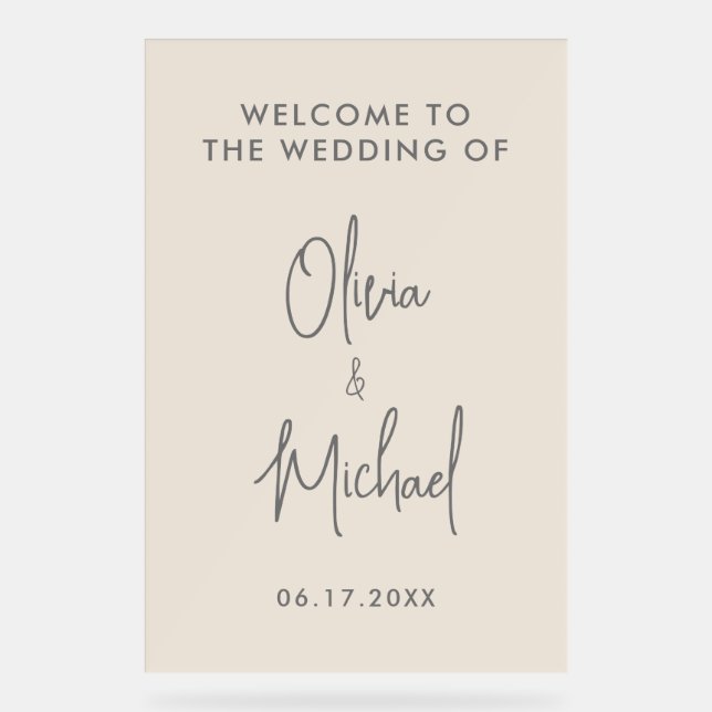 Simple Modern Champange Wedding Welcome Acrylic Sign (Front)