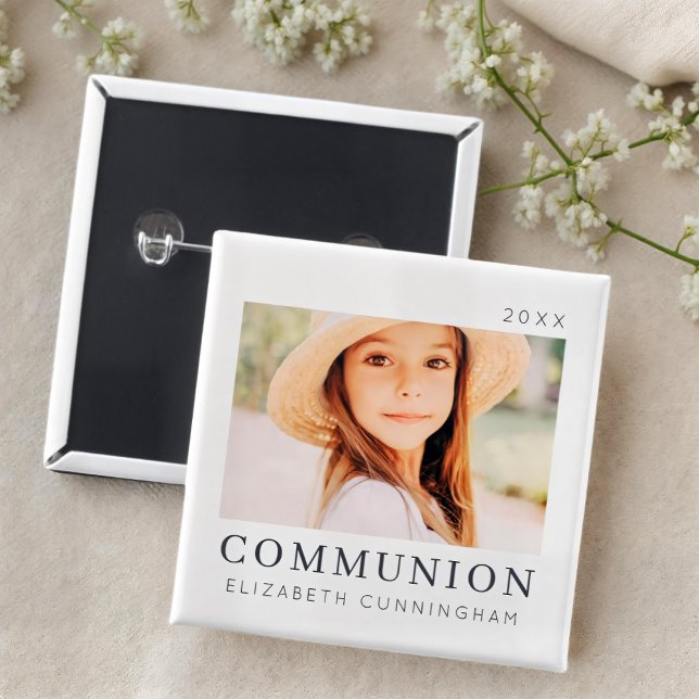 Simple Modern Chic Custom First Communion Photo 15 Cm Square Badge (Creator Uploaded)