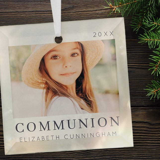 Simple Modern Chic Custom First Communion Photo Glass Tree Decoration (Creator Uploaded)
