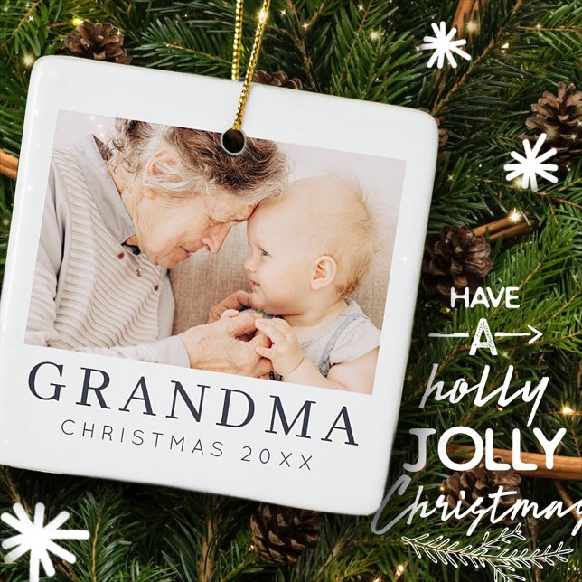 Simple Modern Chic Custom Grandma Photo Holiday Ceramic Ornament (Creator Uploaded)