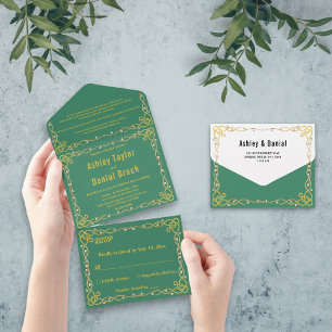 Simple Modern Chic Frame Green Gold Formal Wedding All In One Invitation