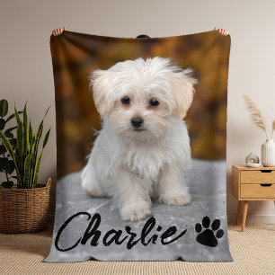 Simple Modern Chic Pet Photo Name Paw Elegant Fleece Blanket