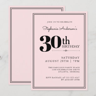 Simple Modern Chic Pink and Black 30th Birthday Invitation