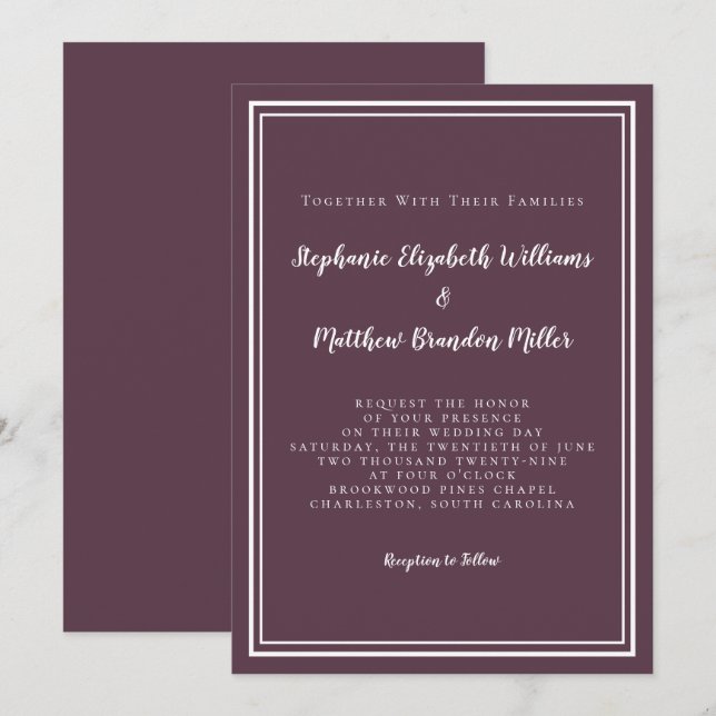 Simple Modern Chic Purple Plum Wedding Minimalist Invitation (Front/Back)