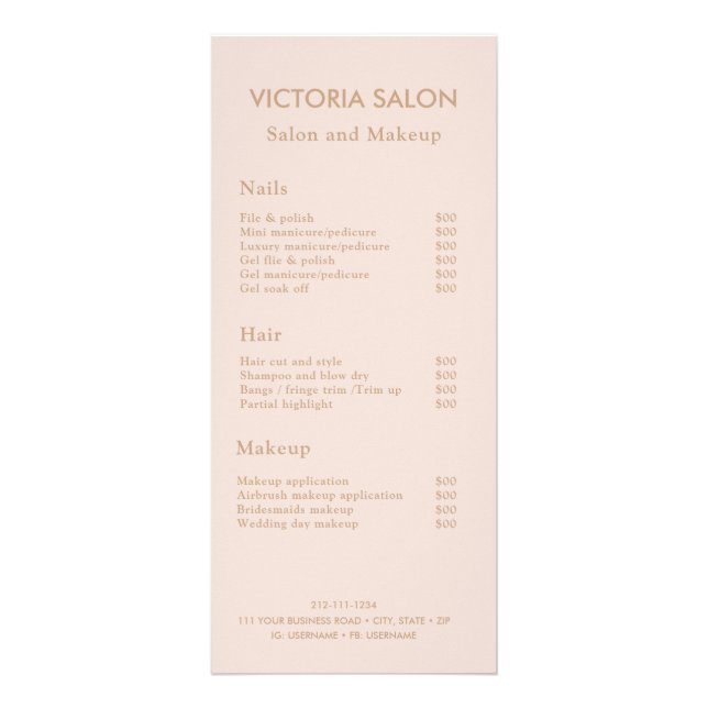 Simple Modern Chic Unique Pale Blush Salon Makeup  Rack Card (Front)